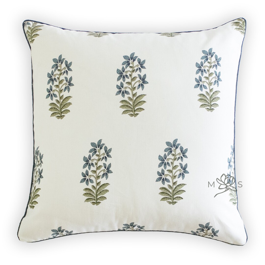 Custom Designer Linen Blue Floral Block Print Throw Pillow Cover, Eden