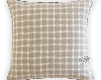 Custom Designer Linen Neutral Plaid Check Throw Pillow Cover, Lincoln Pillow Cover