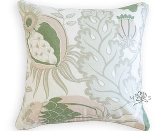 Custom Designer Linen Blush and Green Floral Throw Pillow Cover, Flora Pillow Cover