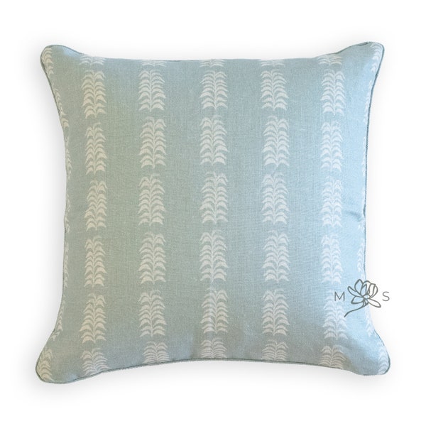 Custom Designer Linen Sky Blue Botanical Reverse Block Print Throw Pillow Cover, Biloxi Pillow Cover, Sky