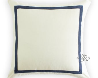 Custom Designer Off White Stain and Soil Repellant Pillow Cover with Mitered Indigo Tape Trim, Stanton Hall Pillow Cover, Indigo
