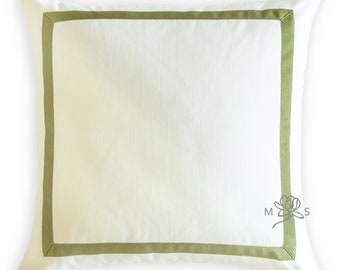 Custom Designer Off White Stain and Soil Repellant Pillow Cover with Mitered Olive Green Tape Trim, Stanton Hall Pillow Cover, Olive Green