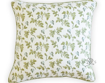 Custom Designer Linen Blue and Green Botanical Leaf Pillow Cover, Holly Springs Pillow Cover