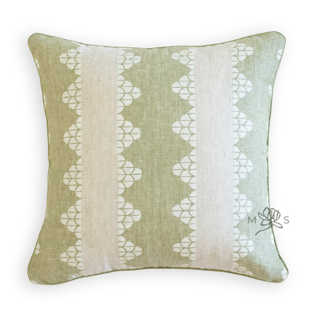 Custom Designer Linen Sage Green Stripe Block Print Throw Pillow Cover