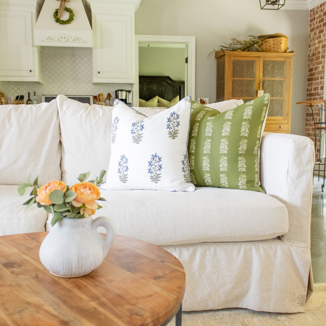 Custom Designer Linen Blue Floral Block Print Throw Pillow Etsy