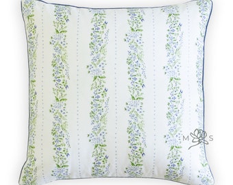 Custom Designer Linen Periwinkle and Blue Floral Stripe Watercolor Throw Pillow Cover, Brookhaven Pillow Cover
