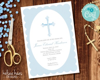 Watercolor Cross Baptism Invitation, Christening Invitation, Baby Dedication, Personalized, Digital Printable, Southern, Classic, Watercolor