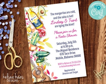 Peut inclure: Une invitation de style aquarelle pour une fête prénuptiale Fiesta pour Lindsey et Trent. L'invitation représente un cactus, un avocat, une guitare et une bouteille de Corona. Le texte indique "The margaritas are cold, and the salsa is hot! Lindsey & Trent are tying the knot! Please join us for a Fiesta Shower Saturday, July 5th at 6:30 p.m. The Miguel Residence 678 Taco Drive Mobile, Alabama 36608 RSVP to Kelsea at 251.555.1234 or kelseahaas@gmail.com Registered at Amazon and Target"