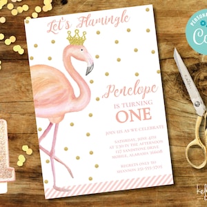 Flamingo Birthday Invitation,  Pink and Gold, 1st Birthday, Let&#39;s Flamingle, Girls birthday, Gold Flamingo, Flamingo, Simple, Watercolor