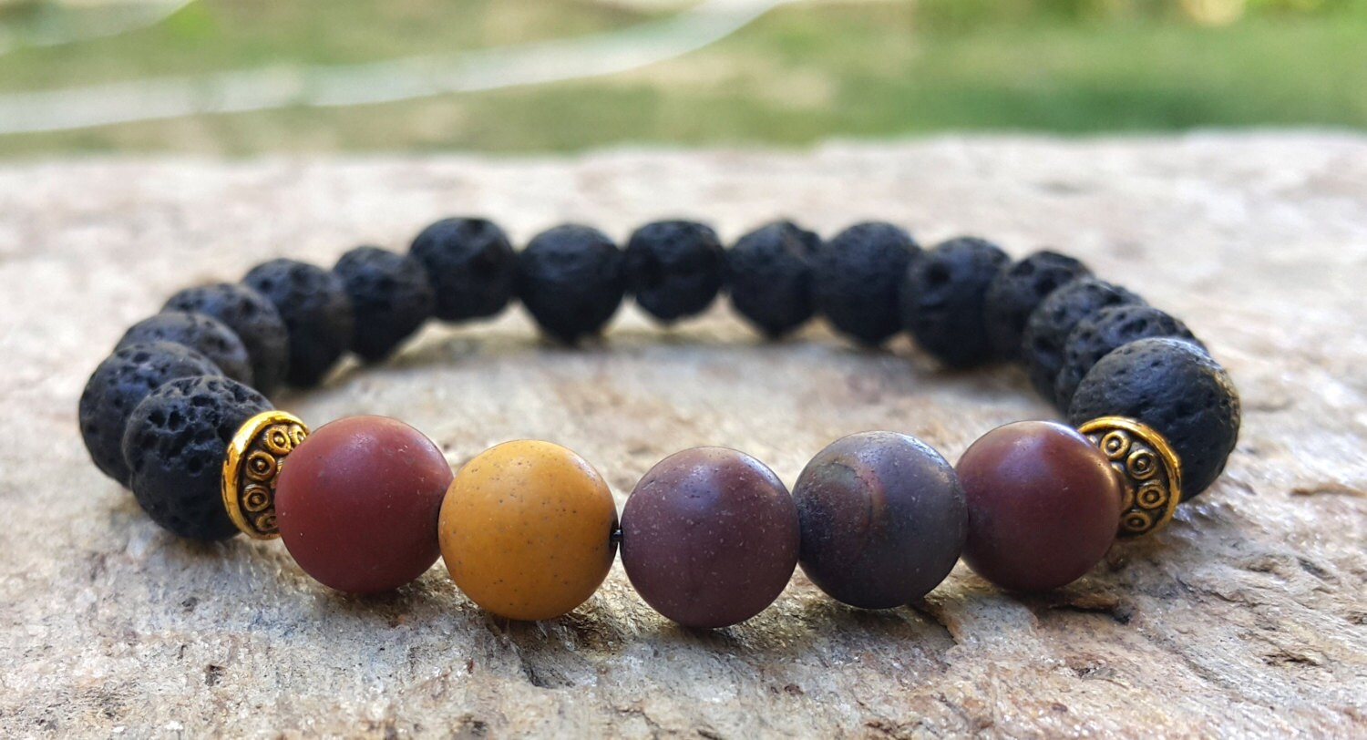 Mens Mala Bracelet Black Lava Stone Mookaite Jasper Beaded Etsy