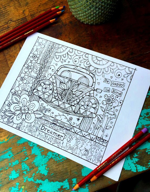 Dreamer Adult Coloring Page Vw Bug Coloring Pages For Adults Adult Coloring Pages Digital Jpg Pdf Coloring Page Instant Download