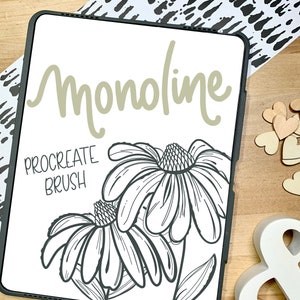 Puede incluir: Una pantalla de iPad blanca con un marco negro muestra una ilustración digital de dos flores en blanco y negro. El texto "Monoline" está escrito en verde claro en la parte superior de la pantalla. El texto "Procreate Brush" está escrito en negro debajo de las flores.