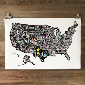 PRINTABLE United States Map, DIGITAL Art, Folk Art, Hand Lettered, Poster, Wall Art, Illustration, US Map, States, Print, United States image 1