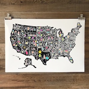AFDRUKBARE kaart van de Verenigde Staten, digitale kunst, volkskunst, handgeletterd, poster, kunst aan de muur, illustratie, kaart van de VS, staten, afdrukken, Verenigde Staten
