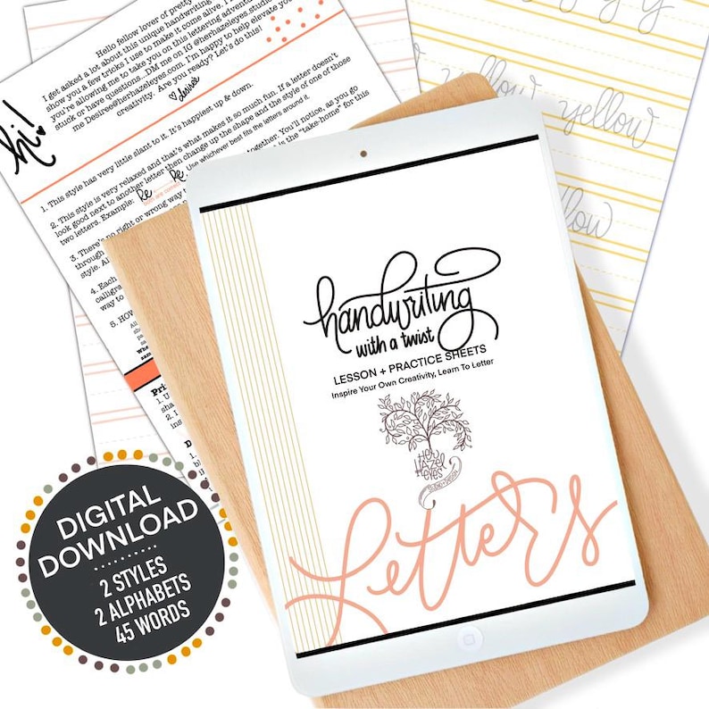 May include: Digital download of handwriting practice sheets with two styles, two alphabets, and 45 words. The image shows a tablet displaying the title "Handwriting with a Twist" and the text "Letters" in a pink and black font.