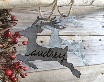 Personalized, Christmas Ornament, Gift Tag, placecard, Reindeer, Galvanized Metal, Custom Lettering, Calligraphy, Hostess Gift