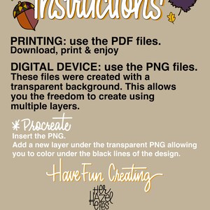 May include: Tan-colored digital art instructions with the word "instructions" in a whimsical font. Includes text about printing PDF and PNG files, and using Procreate. Features fall-themed illustrations.