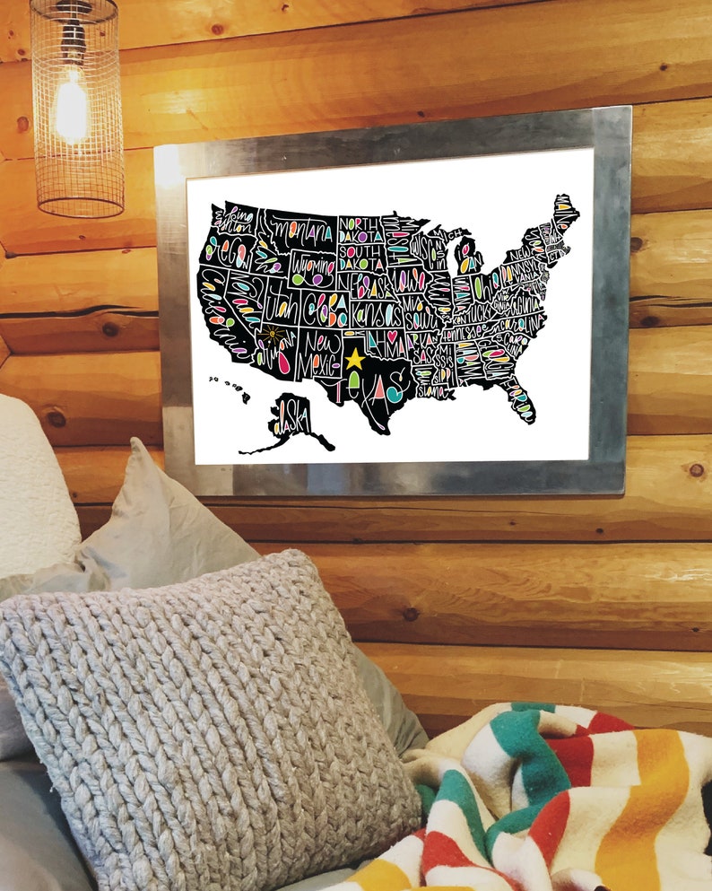 PRINTABLE United States Map, DIGITAL Art, Folk Art, Hand Lettered, Poster, Wall Art, Illustration, US Map, States, Print, United States image 2