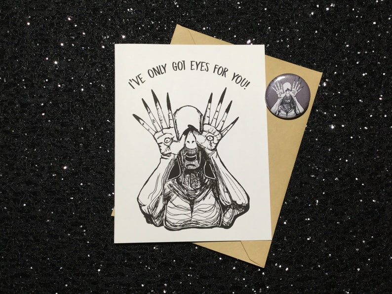I've Only Got Eyes For You! - Guillermo Del Toro Pale Man Card & Button Set - Horror - Unique Anniversary Gift for All Horror Lovers