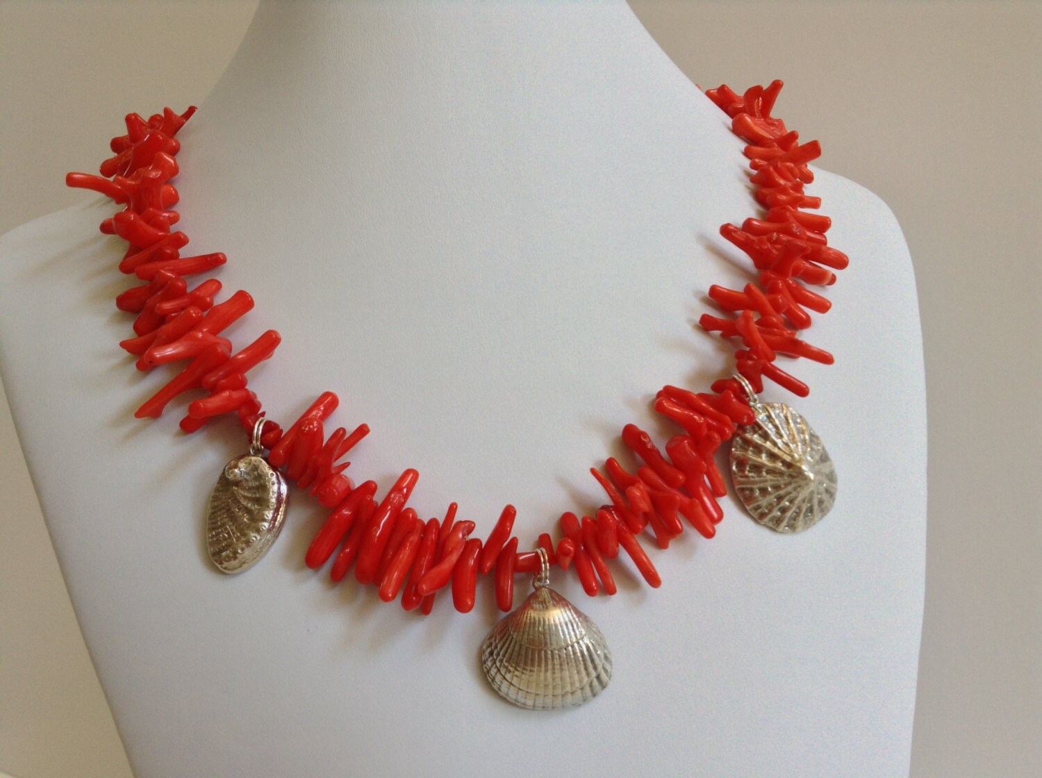Red Coral Necklace With Sterling Silver Sea Shells Etsy