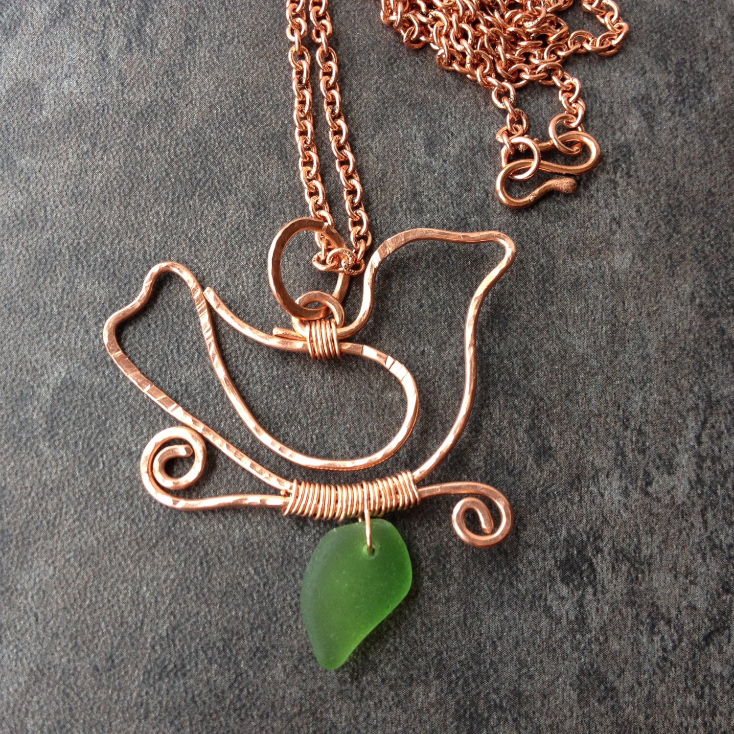 Wire Wrapped Copper Bird on a Limb Necklace With Green Sea Etsy