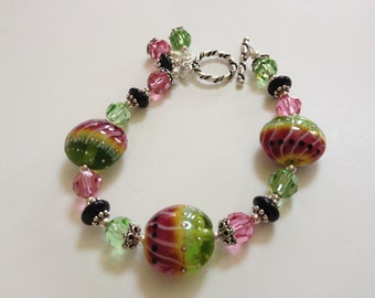 Lampwork Beads Bracelet, Watermelon Lampwork beads, Watermelon Glass Beads Bracelet, Bracelet with Sterling Silver and Lampwork