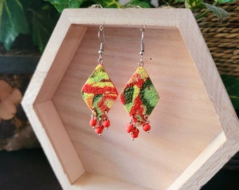 Handcrafted/Multicolored/ Polymer clay/Rhombus shape/Dangle earrings/Orange Yellow, Green /Bead dangle charms