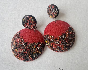 Handmade Red black and white dangle earrings, textured, push back, polymer clay Dangle earrings