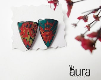 Triangle stud earrings with Mokume gane designs, Polymer clay, shades of Green Red and yellow and black.