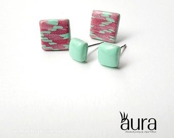 Two pair, Mint green and peach stud earrings, with matching small second studs