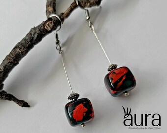 Beautiful Handmade Square beaded Green, Red and Black Marble effect Dangle earrings