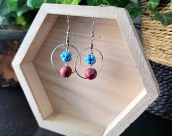 Handmade polymer clay blue and red hoop beaded dangle earrings