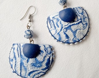 Handmade Blue and white textured Polymer clay dangle earrings