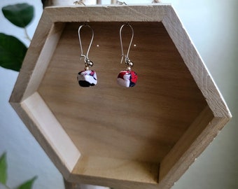Red black and white/Handmade/ Square beaded/Kidney wire/ dangle earrings/ polymer clay.