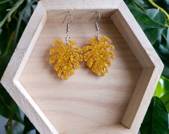 Unique Handmade yellow Polymer clay and Resin leaf dangle earrings