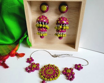 OOAK Handmade polymer clay Choker neck set/Purple/Pista Green/Three Tier Jhumka/Choker Necklace