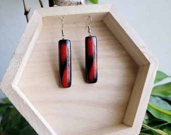 Handcrafted pretty Black and Red Rectangle Dangle earrings made of polymer clay