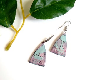Handmade Sea Green and Pink Polymer clay and Resin dangle earrings