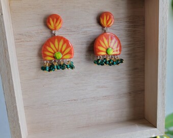 Charming handmade /bright orange and yellow/ push back/ dangle earrings/polymer clay
