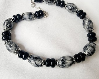 Handmade Black and white striped beaded necklace, polymer clay