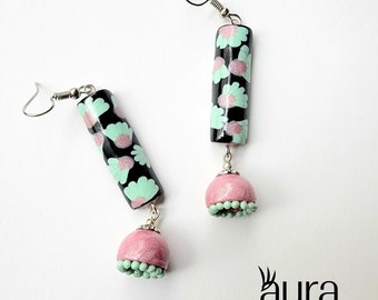 Handmade Stylish Unique, Mint green and peach dangle jhumka earrings, Polymer clay