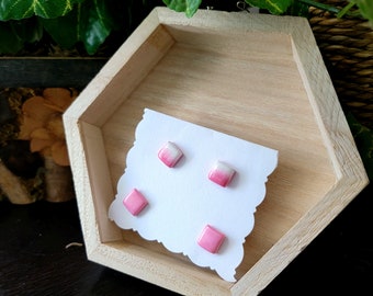 Handmade Square Stud Earrings/Two pairs/ Pink and Pink and White/ Push back Stud earrings/Polymer clay