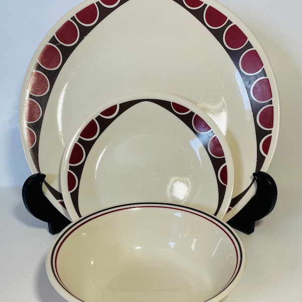 Set of 3 Corning Corelle Vitrelle Kitu Brown Red Dots Dinner Plate, Bread plate, & Bowl