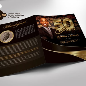 Pastor Anniversary Church Program Photoshop Template Black and Gold Bi-Fold (8.5x11 and 5.5x8.5) 4 pages
