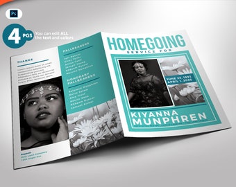 Turquoise Funeral Program PHOTOSHOP Template 4 Pages (8.5x11 and 5.5x8.5)