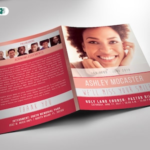 May include: A pink and white funeral program with a photo of a woman smiling. The program includes the dates January 1989 to June 2019, the name Ashley Mocaster, the phrase "We'll Miss Your Smile", the name of the church "Holy Land Church", the name of the pastor "Pastor Billy", and the date and time of the service: Saturday, June 11, 2017, 10:00 AM - 12:00 PM.