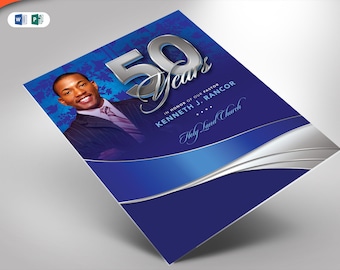 Sapphire Blue Pastor Anniversary Church Flyer PUBLISHER and WORD Template (8.5x11 and 5x7)
