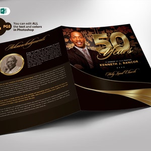 Pastor Anniversary Church Program Template Black and Gold WORD and Publisher Bi-Fold (8.5x11 and 5.5x8.5) 4 pages
