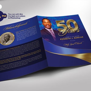 Pastor Anniversary Program PHOTOSHOP Template Sapphire Blue and Gold Bi-Fold (8.5x11 and 5.5x8.5) 4 Pages