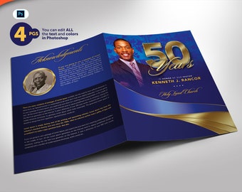 Pastor Anniversary Program PHOTOSHOP Template Sapphire Blue and Gold Bi-Fold (8.5x11 and 5.5x8.5) 4 Pages